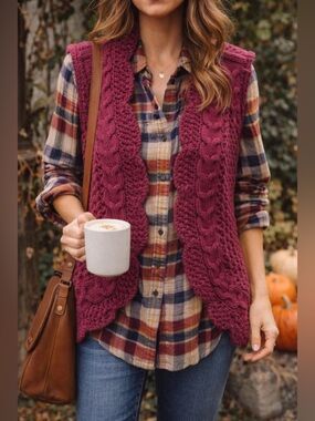 SASSON + SMYTH Chunky Cable Knit Sweater Vest Burgundy  L/XL Boho Cottagecore